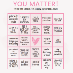Pink Bingo Card filled with suggestions for self-care activities.