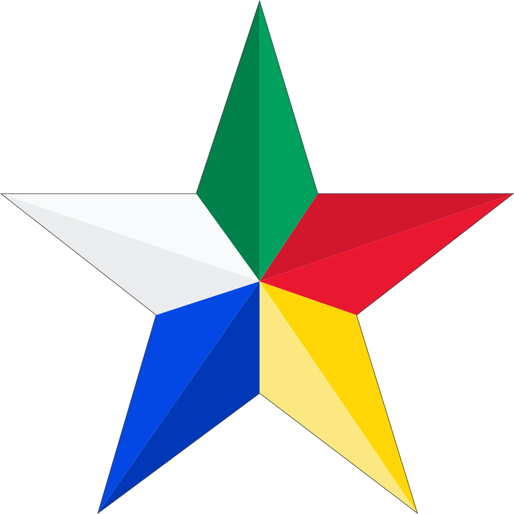 Five pointed star with each point a different color: green, red, yellow, blue, white