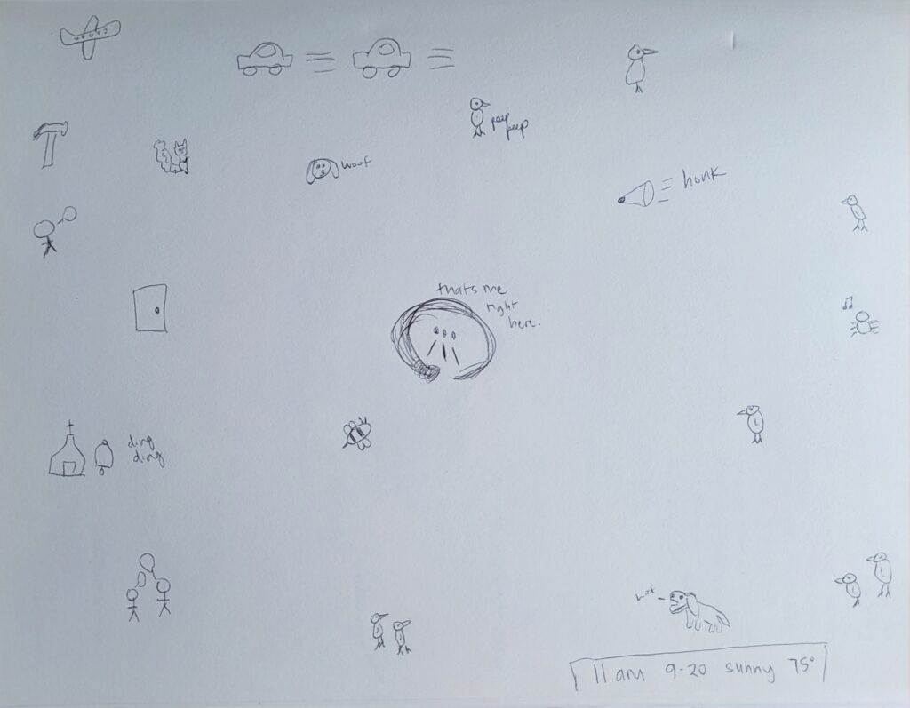 My 5 minute sound map with doodles of birds, dogs, cars and more.